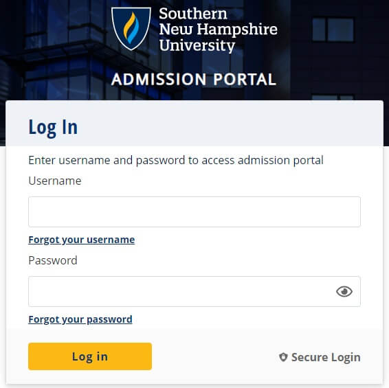 SNHU admission portal login page
