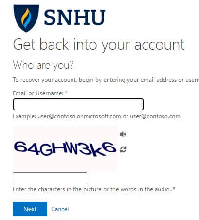 SNHU first time student login set up page