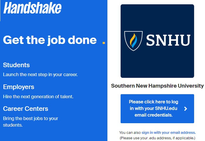 SNHU handshake login page