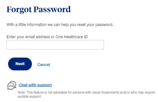 UHC One Healthcare ID password reset page