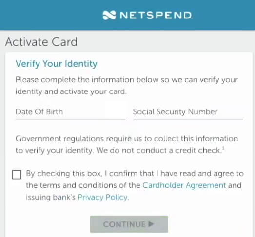 netspend card activation date of birth and SSN verification page