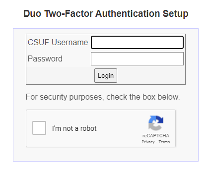 CSUF duo factor authentication set up screen