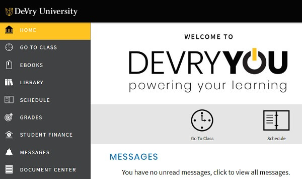 Devry student portal homepage