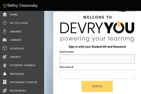 Devry student portal login page