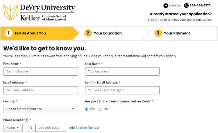 Devry university online admission form