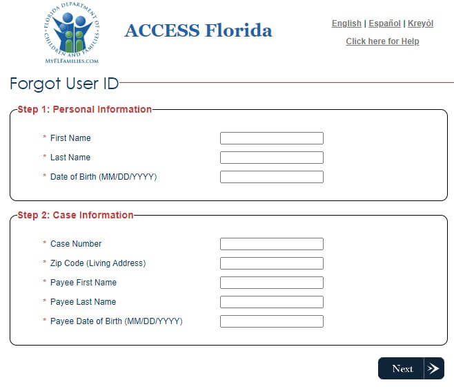 Access Florida user ID recovery page