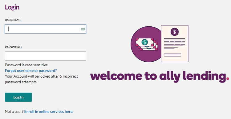 Ally Lending login page