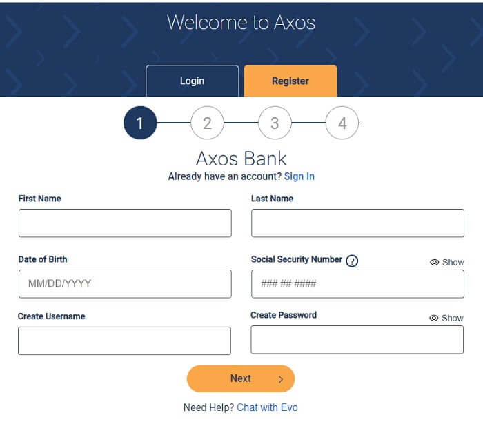 Axos online banking registration page