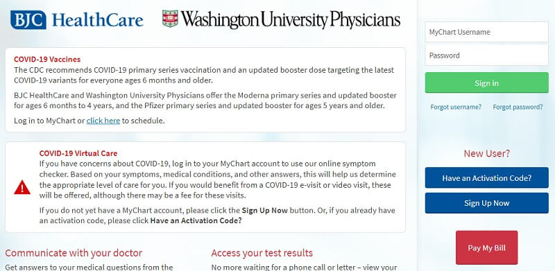 BJC Healthcare and Washington University Physicians Mychart portal homepage