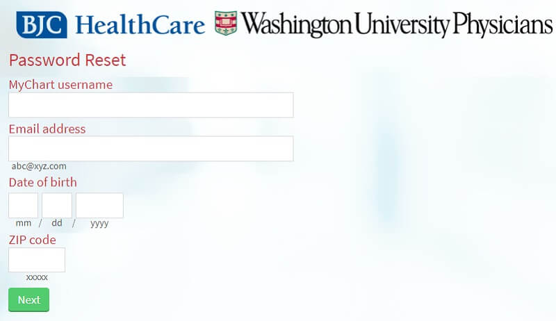 BJC and WashU Mychart password recovery page