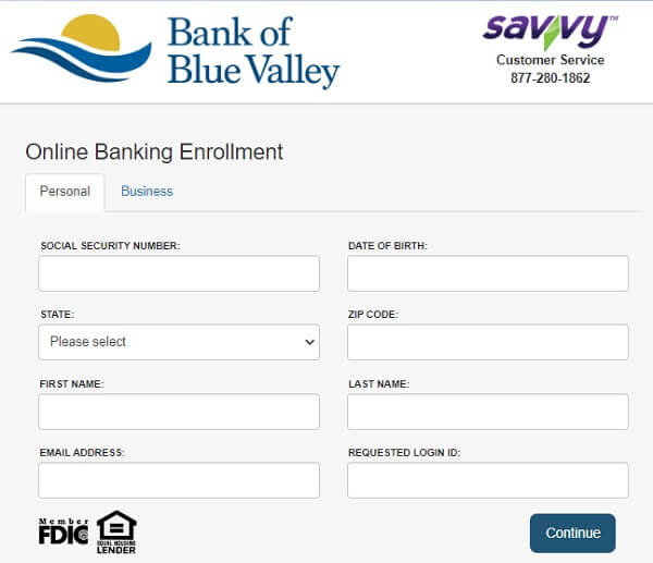 Bank of Blue Valley online banking enrollment form