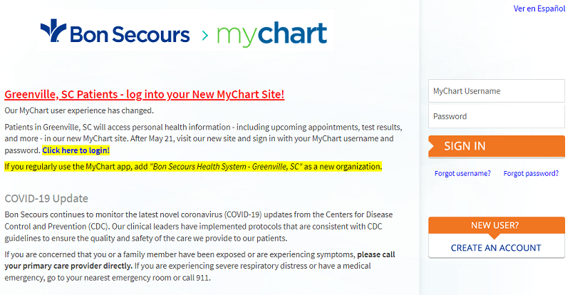 Bon Secours Mychart login page