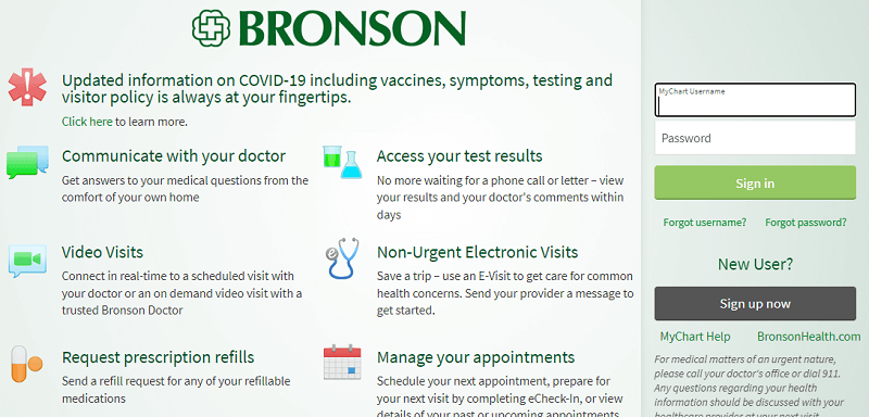 Bronson Health MyChart homepage