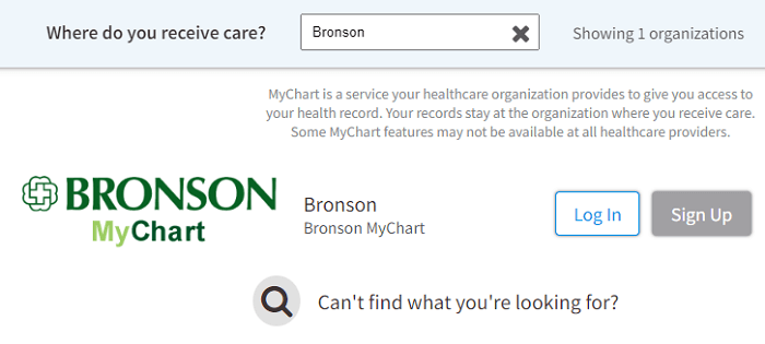 Bronson Health search results on MyChart.com website