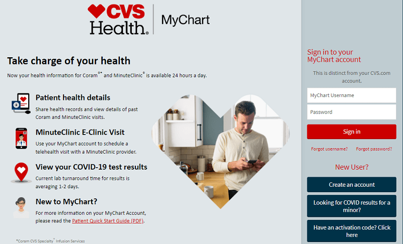 CVS Health Mychart login form for Minute Clinic