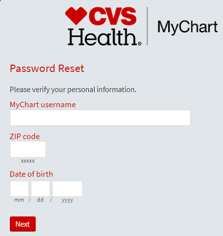 CVS Health Mychart password reset form