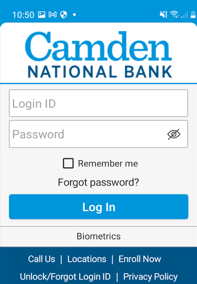 Camden National Bank Mobile banking login page