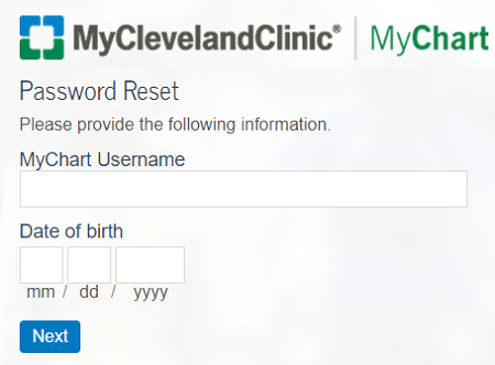 Cleveland Clinic MyChart password reset form