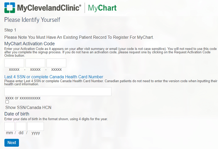 Cleveland Clinic MyChart registration through the activation code