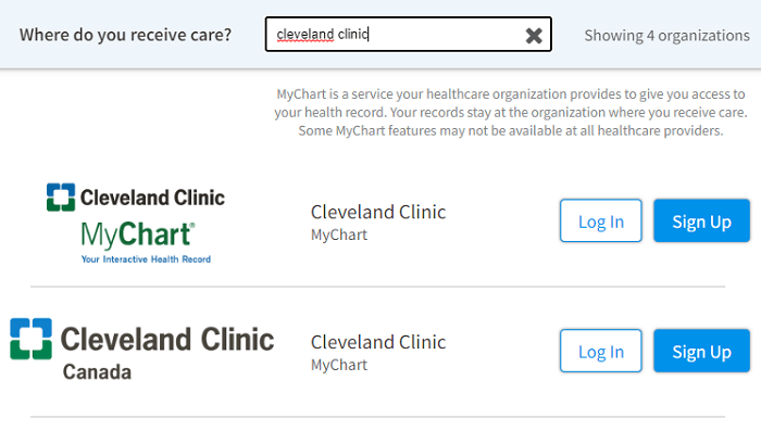 Cleveland Clinic search results on the MyChart.com website