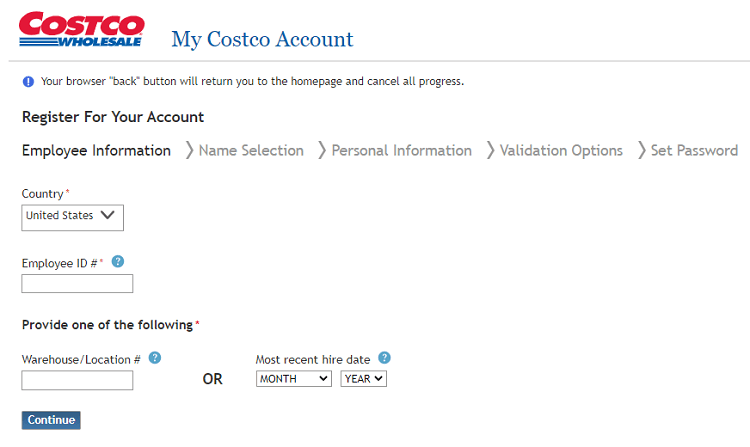 Costco employee's registration form
