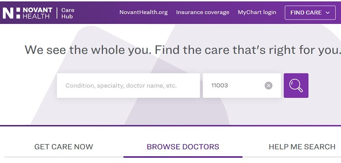 Doctor finder form on Novant Health website