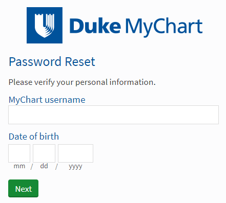 Duke Health My Chart password reset form