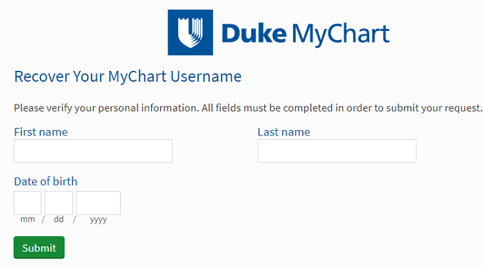 Duke Health My Chart username recovery form