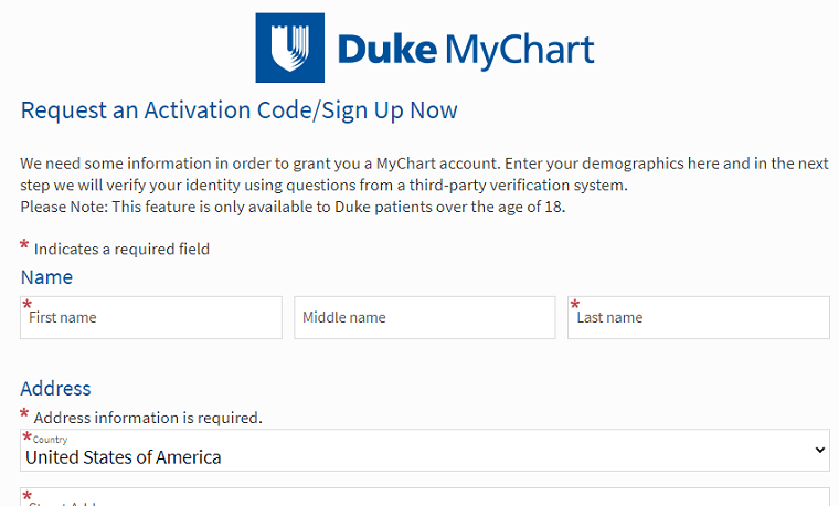Duke My Chart online sign-up form