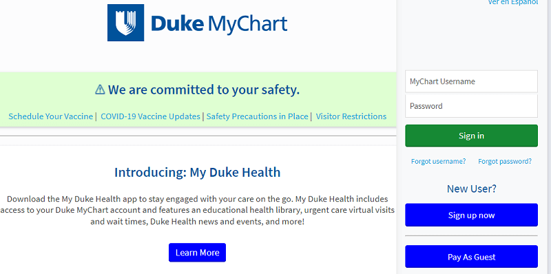 Duke MyChart homepage