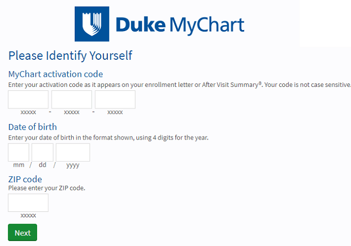 Duke MyChart sign-up form with an activation code