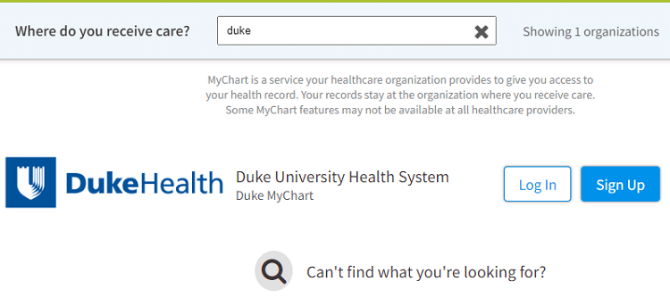 Duke search results on the MyChart.com website