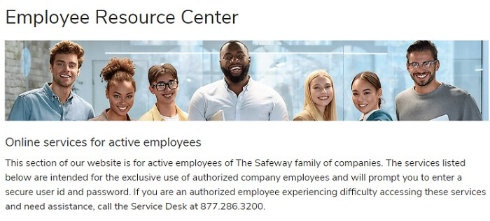 Employee Resource Center page on the Safeway website