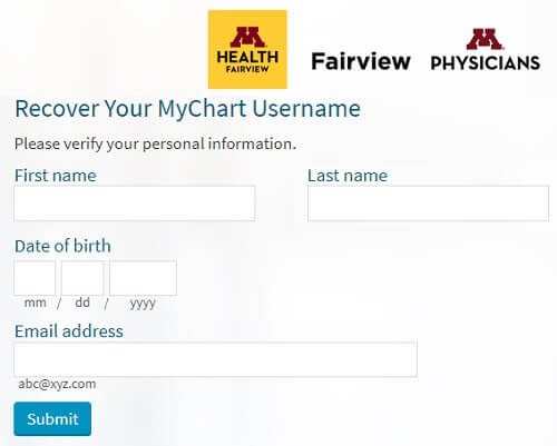 Fairview Mychart login recovery form