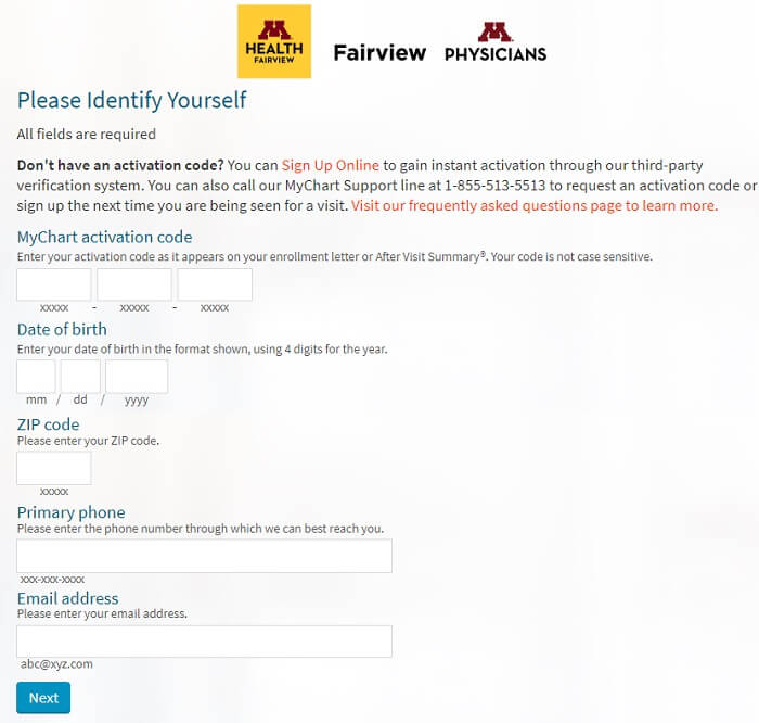 Fairview Mychart online form for signup through activation code