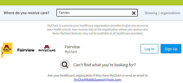 Fairview search results on Epic's MyChart website