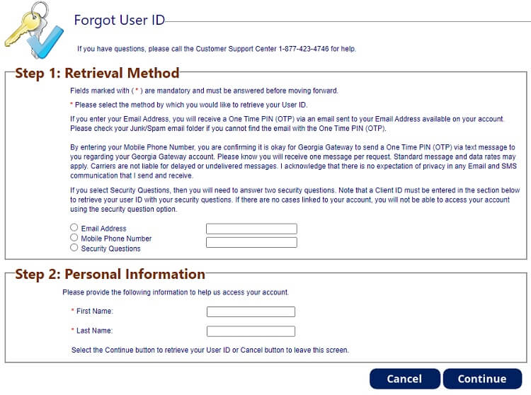 Georgia Gateway User ID recovery form