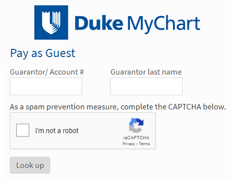 Guest payment form on Duke My Chart website