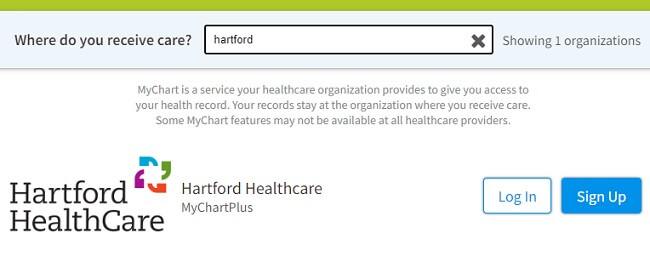 Hartford search results on MyChart.com portal