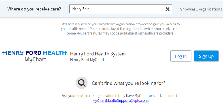 Henry Ford search results on MyChart.com portal