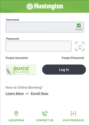 Huntington mobile banking login screen