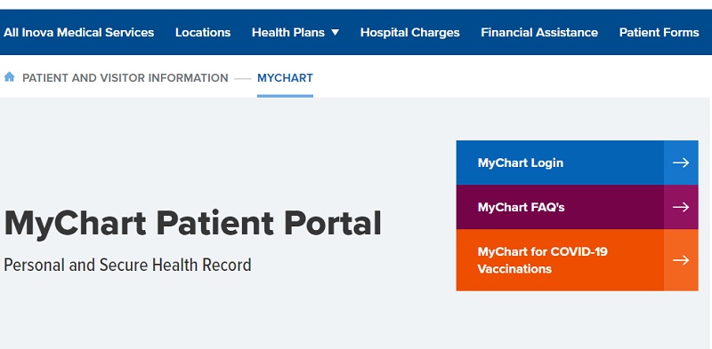 Inova Health System MyChart page