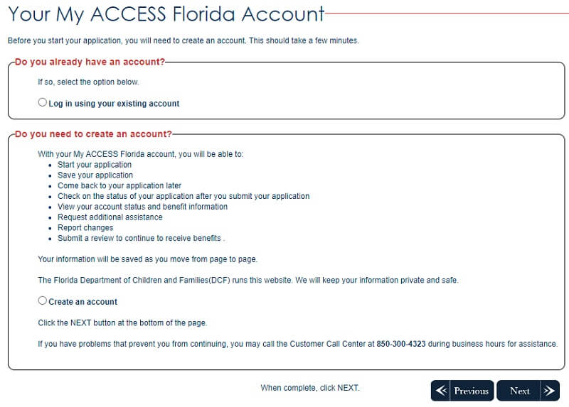Login page to start Florida Access application