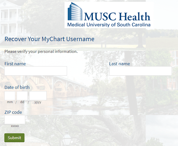 MUSC MyChart Username recovery form