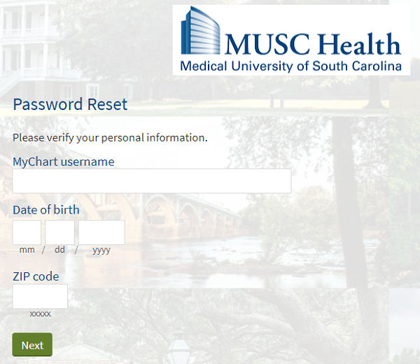 MUSC MyChart password reset form
