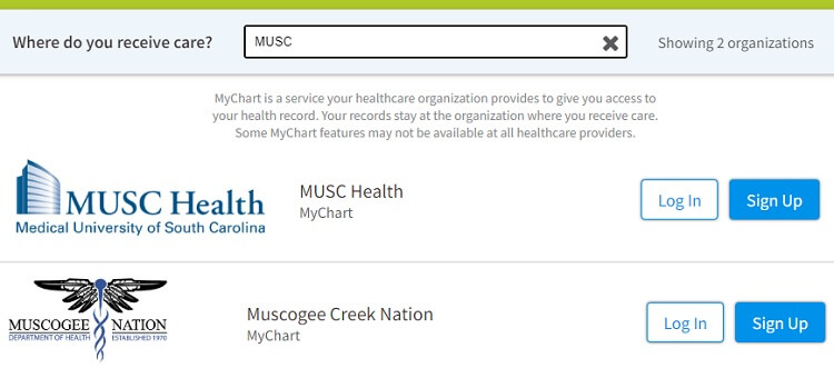 MUSC search results on the mychart.com portal