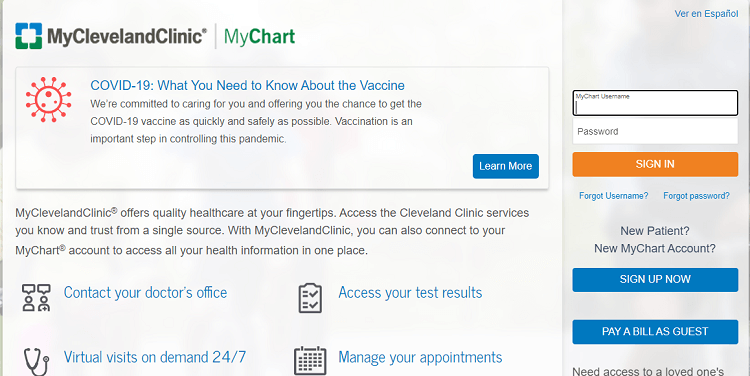 My Cleveland Clinic MyChart homepage