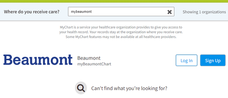 MyBeaumontChart search result on the MyChart.com website