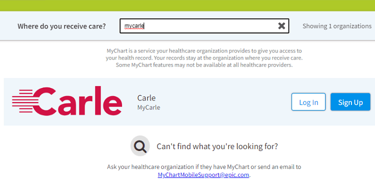 MyCarle patient portal search results on MyChart portal