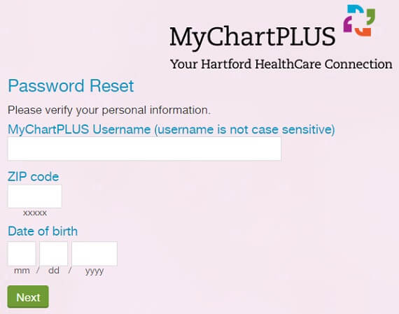 MyChartPlus password recovery form